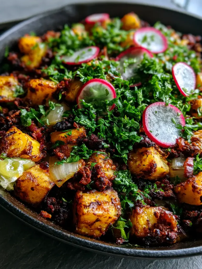 Papas con Chorizo: The Ultimate Crispy Mexican Potato and Sausage Skillet 1 Detailed view of translucent radish slices and cilantro on top of glistening Papas con Chorizo.