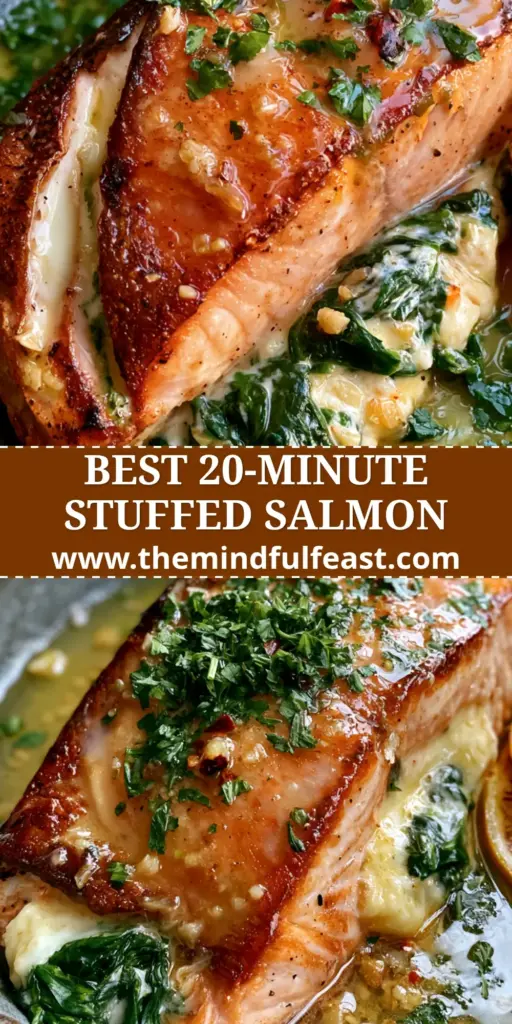 Stuffed Salmon Recipe with Spinach and Garlic Butter Sauce 3 A close-up shot of a pan-seared stuffed salmon recipe fillet oozing with cream cheese and spinach in a garlic butter sauce.