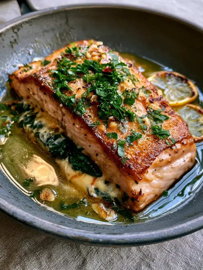 Stuffed Salmon Recipe with Spinach and Garlic Butter Sauce 2 High-angle shot of a thick pan-seared salmon fillet with melted cream cheese and wilted spinach (stuffed salmon recipe).