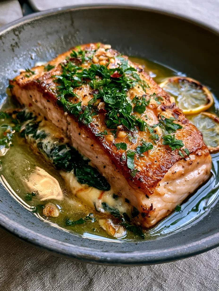 Stuffed Salmon Recipe with Spinach and Garlic Butter Sauce 4 High-angle shot of a thick pan-seared salmon fillet with melted cream cheese and wilted spinach (stuffed salmon recipe).