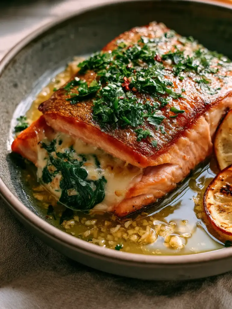 Stuffed Salmon Recipe with Spinach and Garlic Butter Sauce 1 Rustic grey skillet containing stuffed salmon drenched in translucent garlic butter sauce and garnished with parsley.