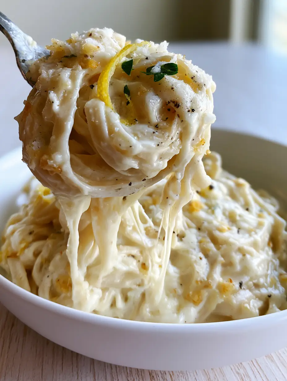 Garlic Butter Pasta Sauce: The Secret to a Silky 15-Minute Fettuccine 4 Authentic handheld photo of a fork lifting pasta from a white bowl, showing a thick, pale-golden garlic butter pasta sauce with black pepper.