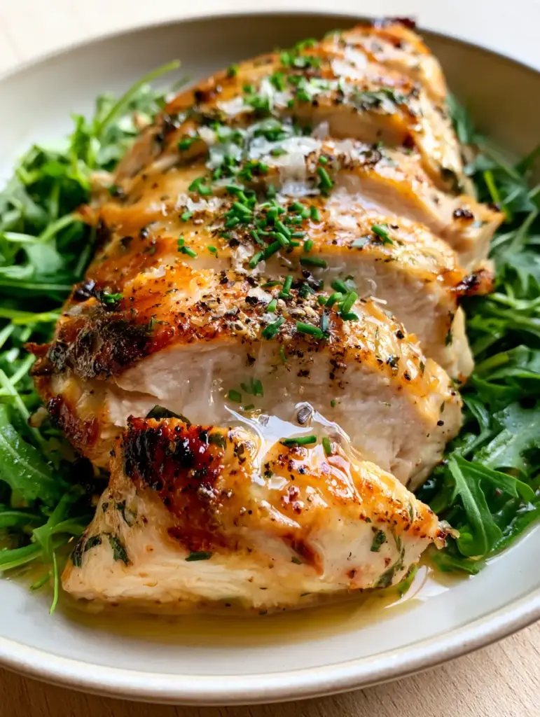 Top-down view of sliced chicken with fresh chives, herb droplets, and flaky sea salt.