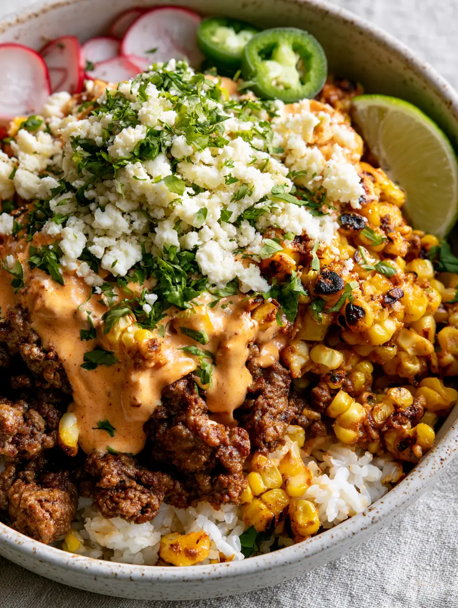 Macro view of seasoned ground beef and charred yellow corn in a Street Corn Beef Bowl.