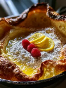 Extreme close-up of a massive golden-brown German pancake recipe showing egg-shell texture.