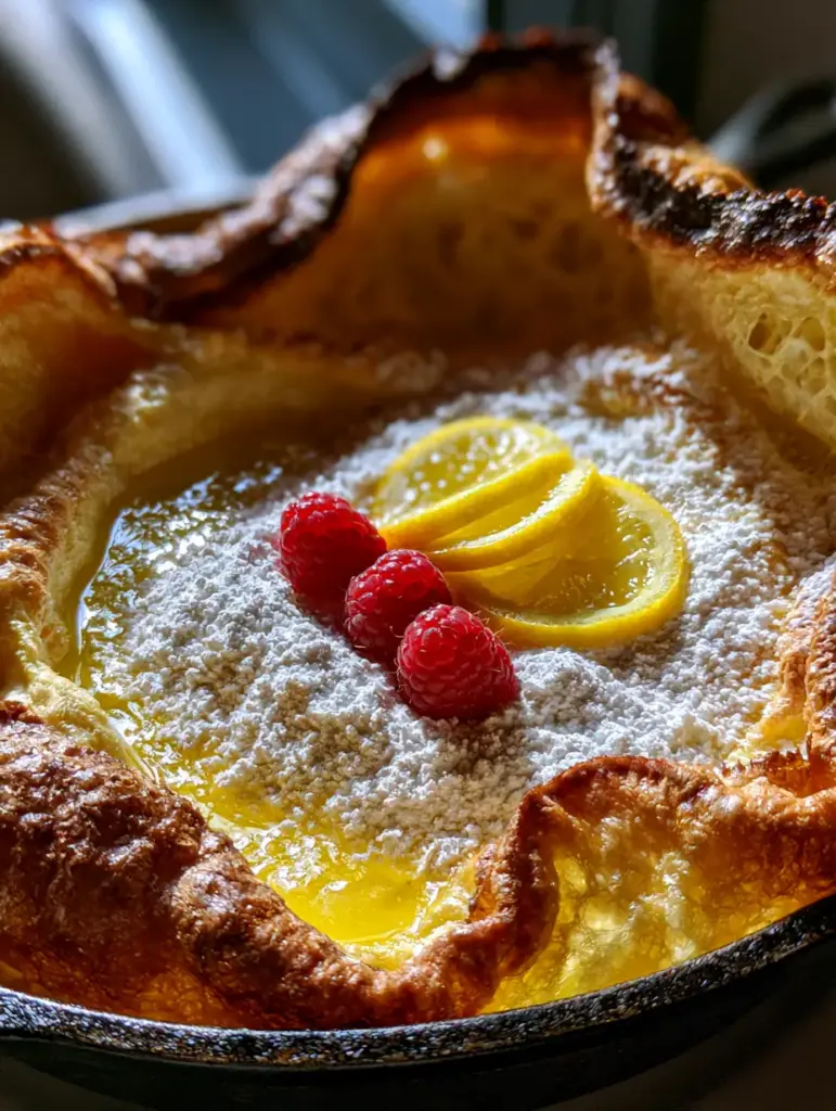 German Pancake Recipe: The Ultimate Guide to a Towering, Crispy Dutch Baby 2 Extreme close-up of a massive golden-brown German pancake recipe showing egg-shell texture.