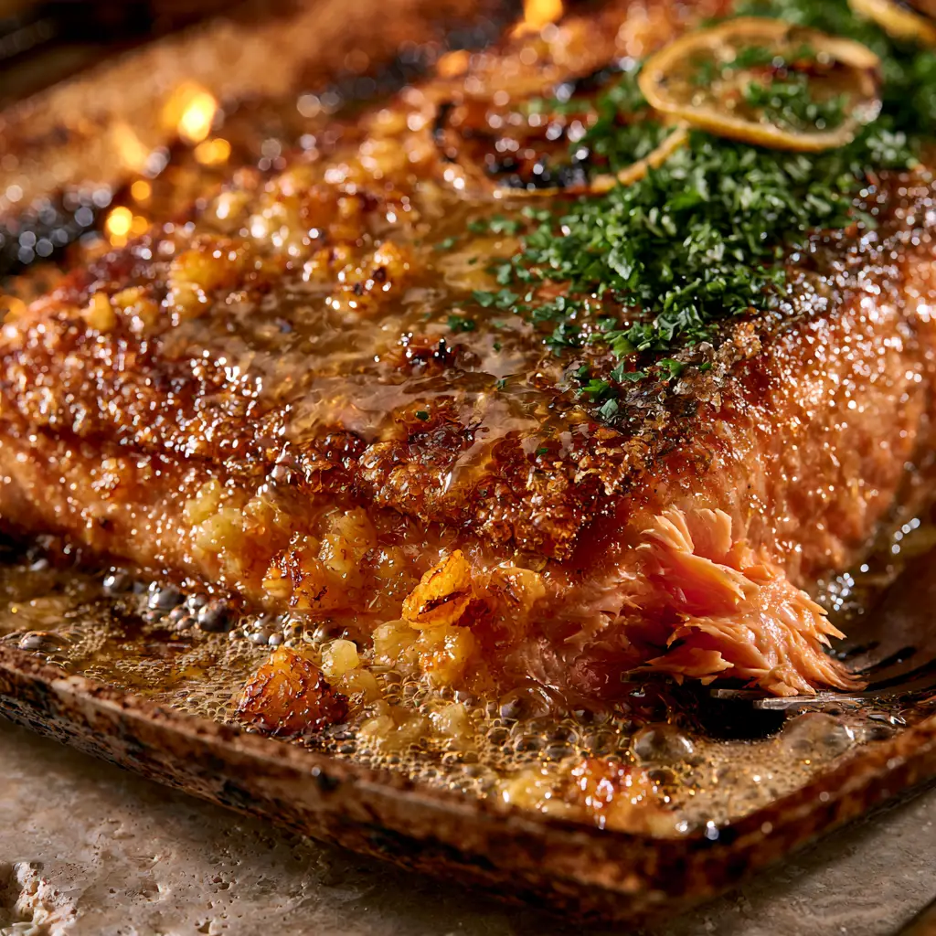 Seared Salmon with Bubbling Honey Garlic Butter and Crispy Skin 2 Extreme macro close-up of a thick seared salmon fillet showing crackling golden-brown skin and sizzling butter bubbles.