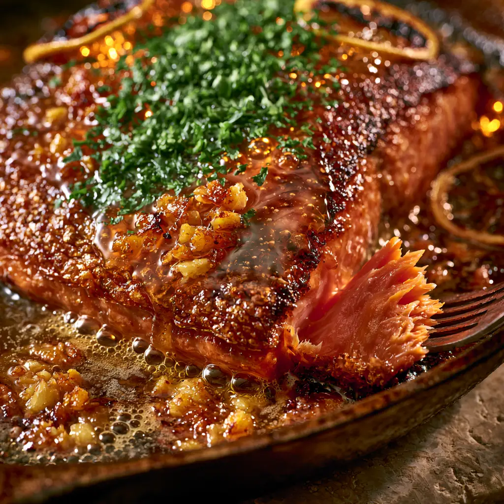 Seared Salmon with Bubbling Honey Garlic Butter and Crispy Skin 1 Close-up of a salmon fillet being flaked with a fork to reveal a tender pink interior and bubbling amber glaze.