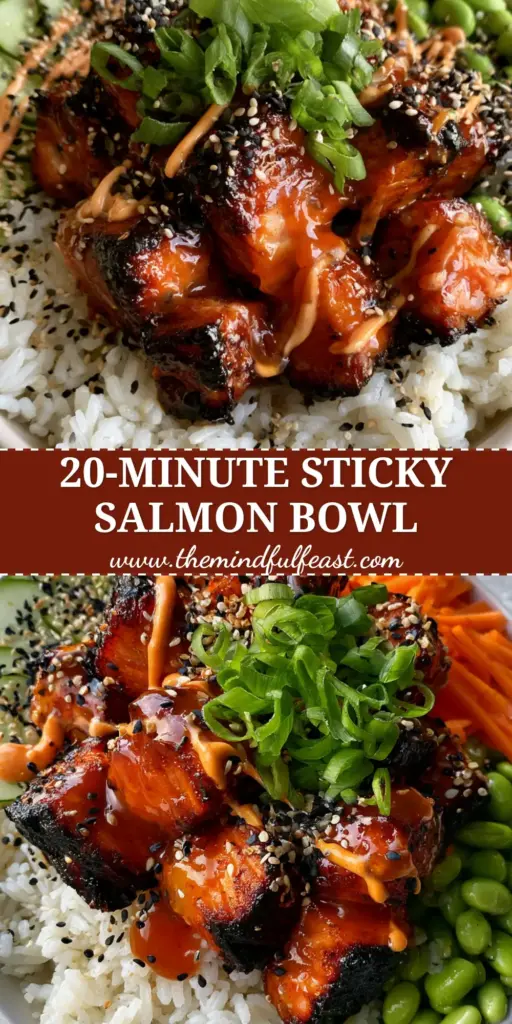 Honey Sriracha Salmon Bowls: The Ultimate Air-Fried Gourmet Dinner 4 A gourmet Honey Sriracha Salmon Bowl with charred salmon cubes, glossy orange glaze, and fresh vegetables over jasmine rice.