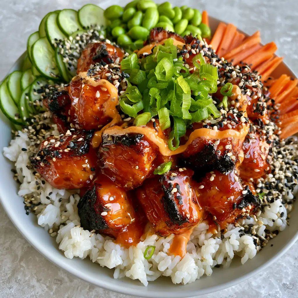 Honey Sriracha Salmon Bowls: The Ultimate Air-Fried Gourmet Dinner 2 Top-down angled view of charred Honey Sriracha Salmon bites with a translucent sticky glaze on a bed of jasmine rice. (Honey Sriracha Salmon Bowls)