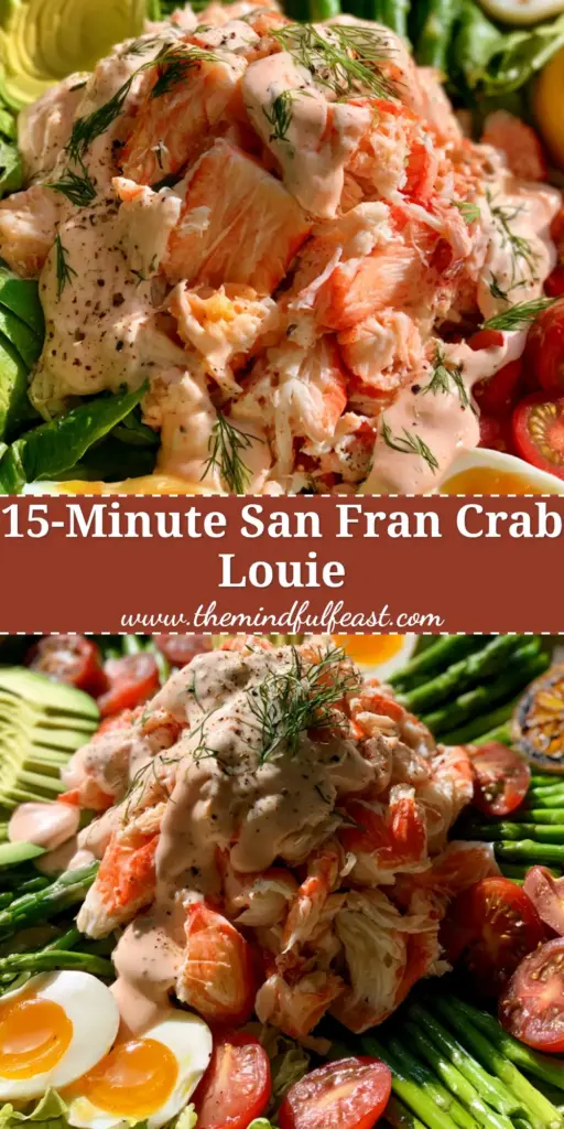 A gourmet Crab Louie Salad with jumbo Dungeness crab, jammy eggs, and fanned avocado in a stoneware bowl. (crab louie salad)