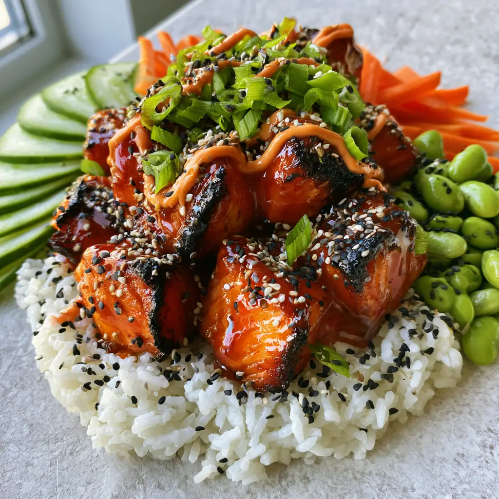 Honey Sriracha Salmon Bowls: The Ultimate Air-Fried Gourmet Dinner 1 Close-up of a salmon bowl with sliced cucumbers, edamame, matchstick carrots, and a spicy mayo zigzag. (Honey Sriracha Salmon Bowls)