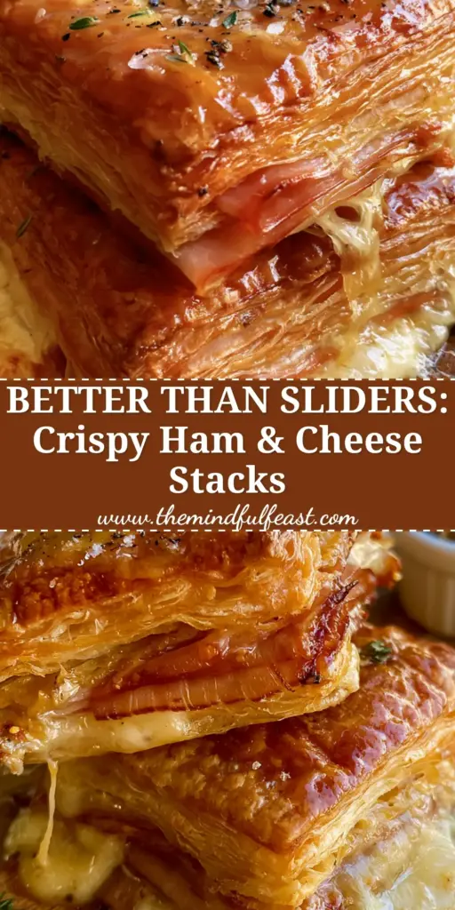 Ham & Cheese Puff Pastry Stacks with Honey Mustard Glaze 3 Close-up of Ham & Cheese Puff Pastry Stacks with dozens of flaky golden layers and molten Gruyere cheese oozing out.