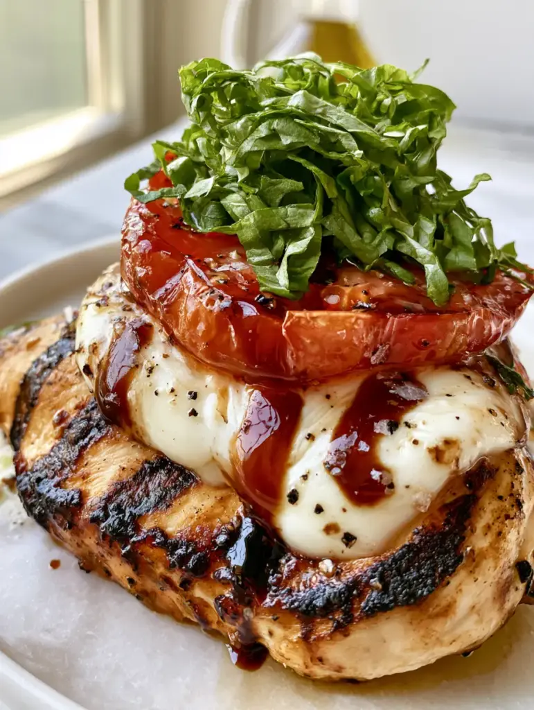 Close up of ruby red heirloom tomato and curly green basil topped with balsamic glaze. (Grilled Chicken Caprese)