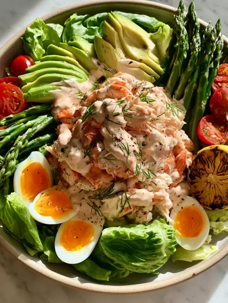 A wide angle shot of the complete Crab Louie Salad on a marble tabletop with charred lemon halves.