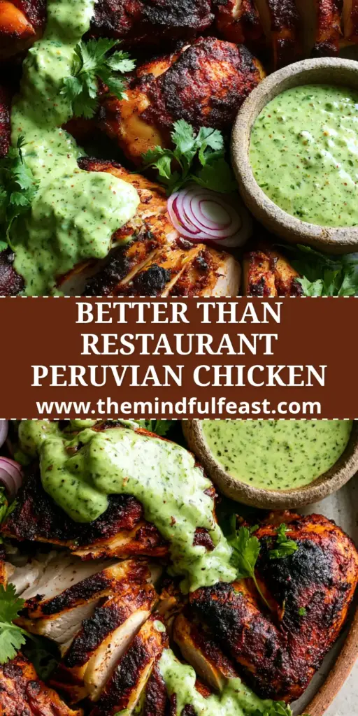 Peruvian Grilled Chicken with Mahogany Crispy Skin and Aji Verde 4 A close-up vertical shot of peruvian grilled chicken pieces with mahogany skin, drizzled with green aji verde sauce on a ceramic plate.