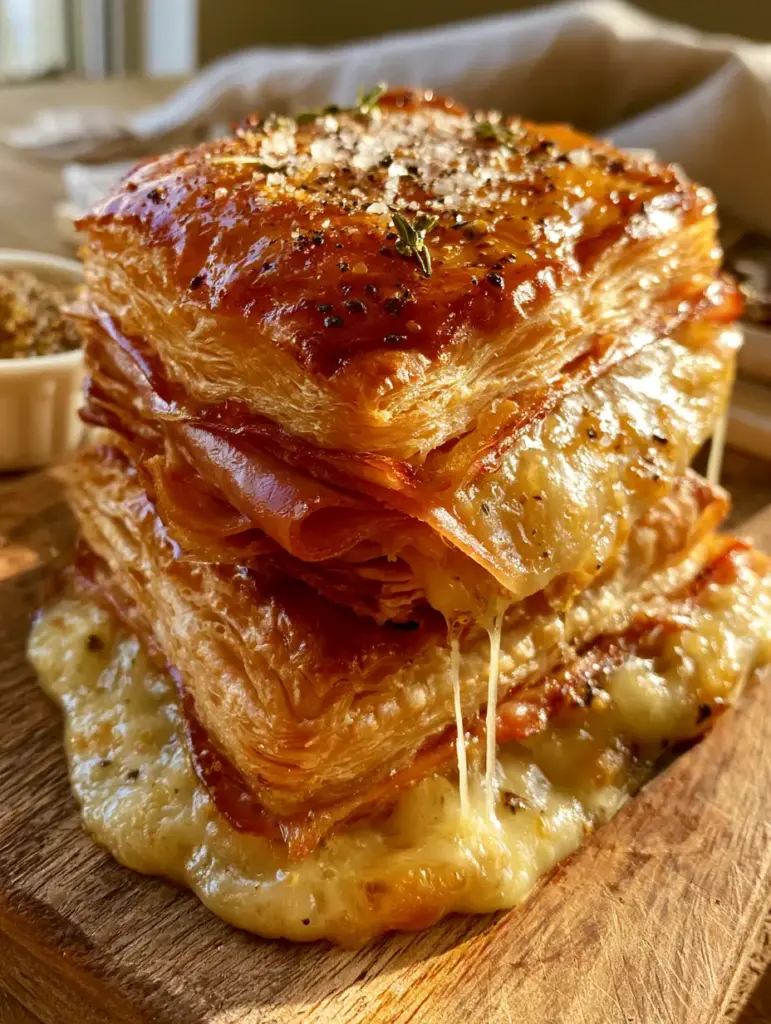 A smartphone-perspective shot of two thick Ham & Cheese Puff Pastry Stacks on a rustic wooden board with glistening honey-mustard glaze.
