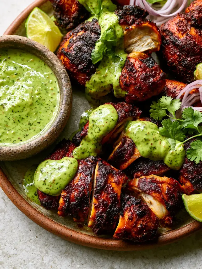 Peruvian Grilled Chicken with Mahogany Crispy Skin and Aji Verde 2 Top-down view of peruvian grilled chicken pieces on a rustic platter showing crispy skin and juicy meat sliced open.