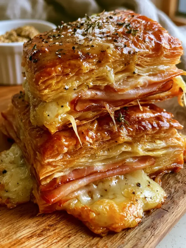 Ham & Cheese Puff Pastry Stacks with Honey Mustard Glaze 1 Internal view of a tilted puff pastry stack showing ribbons of honey-glazed ham and warm strings of Gruyere cheese.