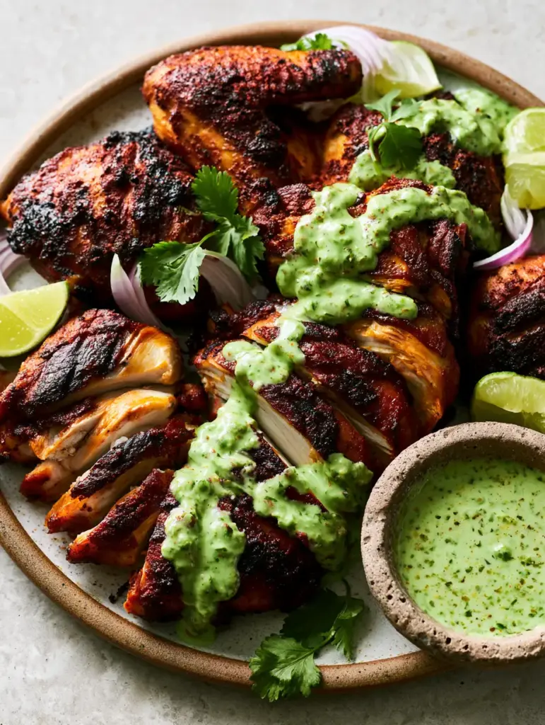 Peruvian Grilled Chicken with Mahogany Crispy Skin and Aji Verde 1 Angled shot of Peruvian chicken thighs with thick green sauce specks and red onion garnishes.