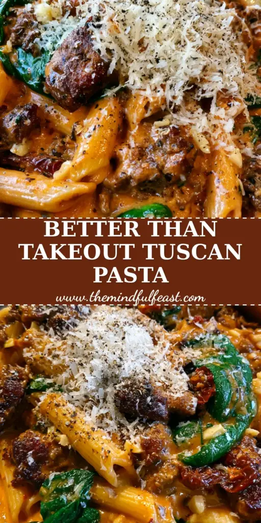 Tuscan Ground Beef Pasta with Velvety Sun-Dried Tomato Cream Sauce 4 A high-angle smartphone photo of Tuscan ground beef pasta in a ceramic bowl with sun-dried tomato cream sauce, spinach, and a snowfall of parmesan cheese.