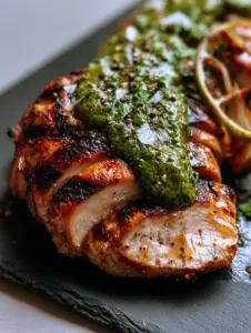 Extreme close-up of lime cilantro grilled chicken showing glistening moisture droplets and deep grill marks.