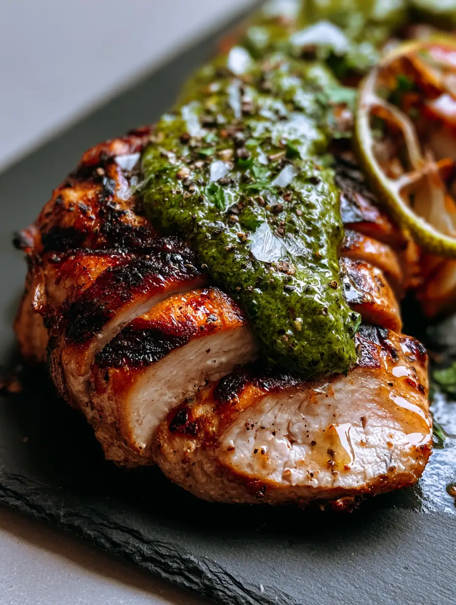 Lime Cilantro Grilled Chicken with Emerald Chimichurri and Charred Limes 3 Extreme close-up of lime cilantro grilled chicken showing glistening moisture droplets and deep grill marks.