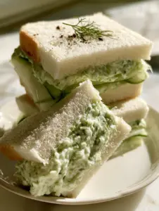 Macro eye-level shot of Kentucky Benedictine Cucumber Sandwiches cut diagonally to show chunky green filling and cucumber ribbons.