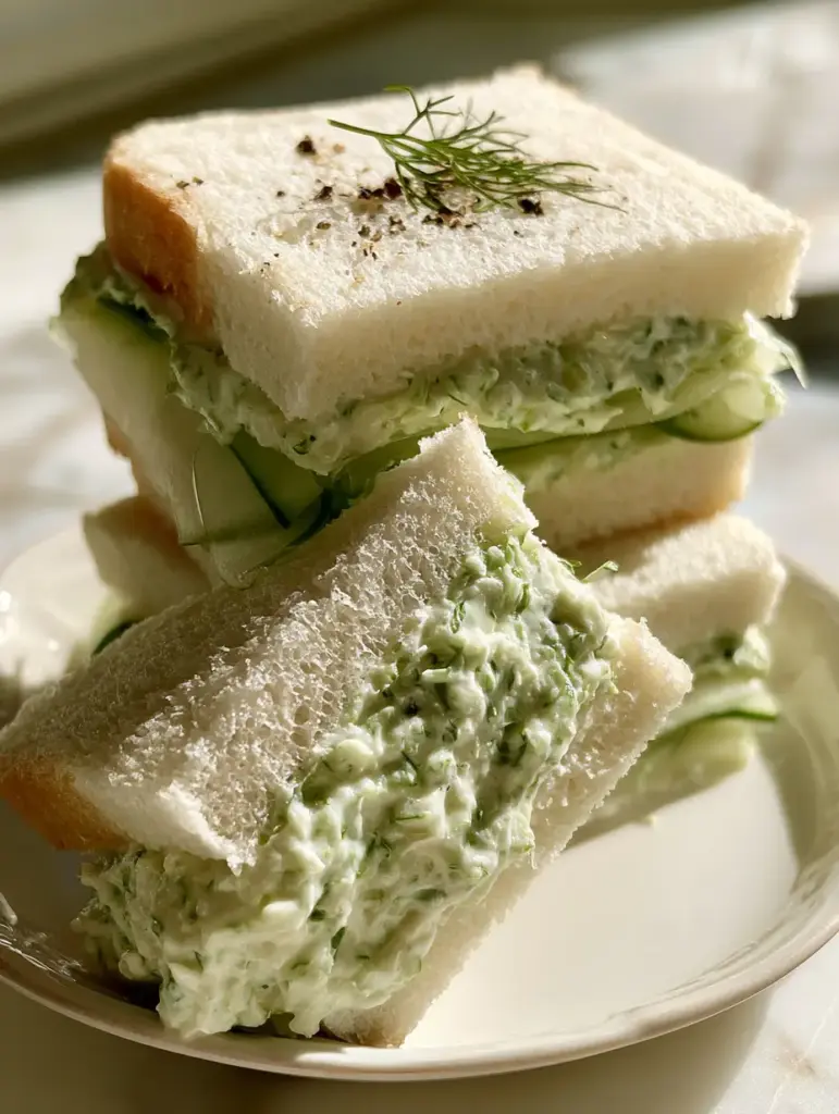 Kentucky Benedictine Cucumber Sandwiches: The Ultimate Southern Tea Sandwich Guide 2 Macro eye-level shot of Kentucky Benedictine Cucumber Sandwiches cut diagonally to show chunky green filling and cucumber ribbons.
