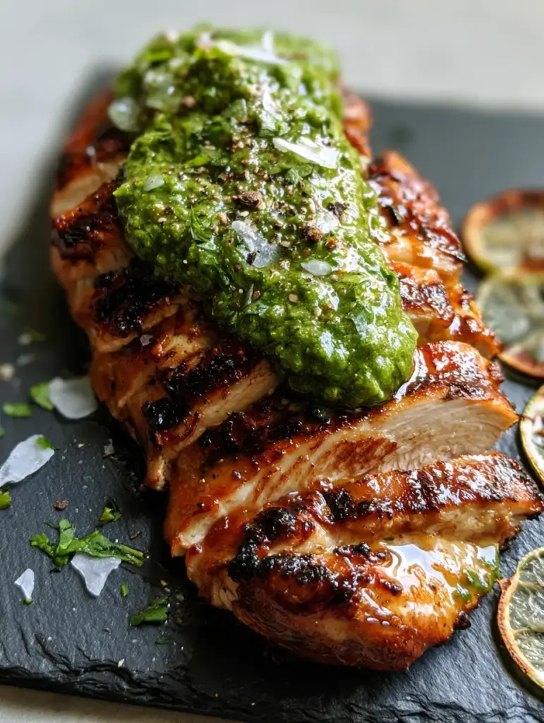 Lime Cilantro Grilled Chicken with Emerald Chimichurri and Charred Limes 1 Sliced lime cilantro grilled chicken garnished with charred lime wheels and sea salt flakes on a minimalist background.