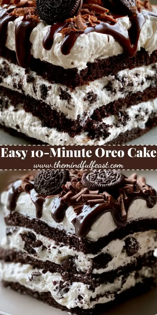 Oreo Cake: The Ultimate No-Bake Layers of Cookies and Cream Perfection 4 A tall slice of no-bake Oreo cake showing layers of dark crust and white cream with chocolate drizzle and mini Oreos on top.