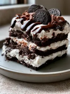 Smartphone photo of a slice of Oreo cake on a matte ceramic plate with window lighting.