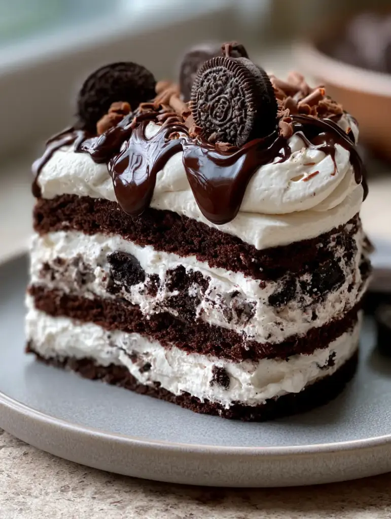 Oreo Cake: The Ultimate No-Bake Layers of Cookies and Cream Perfection 1 Close up of the top of an Oreo cake featuring dark chocolate curls and mini Oreo cookies.