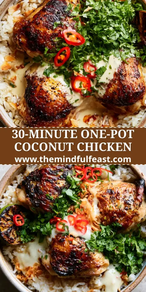 Coconut Chicken with Crispy Thighs and Creamy Coconut Lime Sauce 3 A rustic bowl of Coconut Chicken with crispy thighs, jasmine rice, and red chilies.