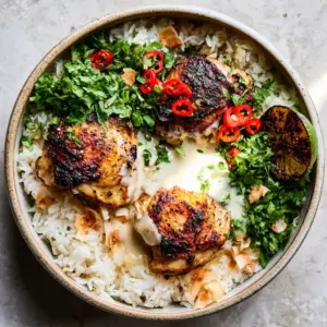 Top-down view of Coconut Chicken in a rustic bowl with charred lime and cilantro. (Coconut Chicken)
