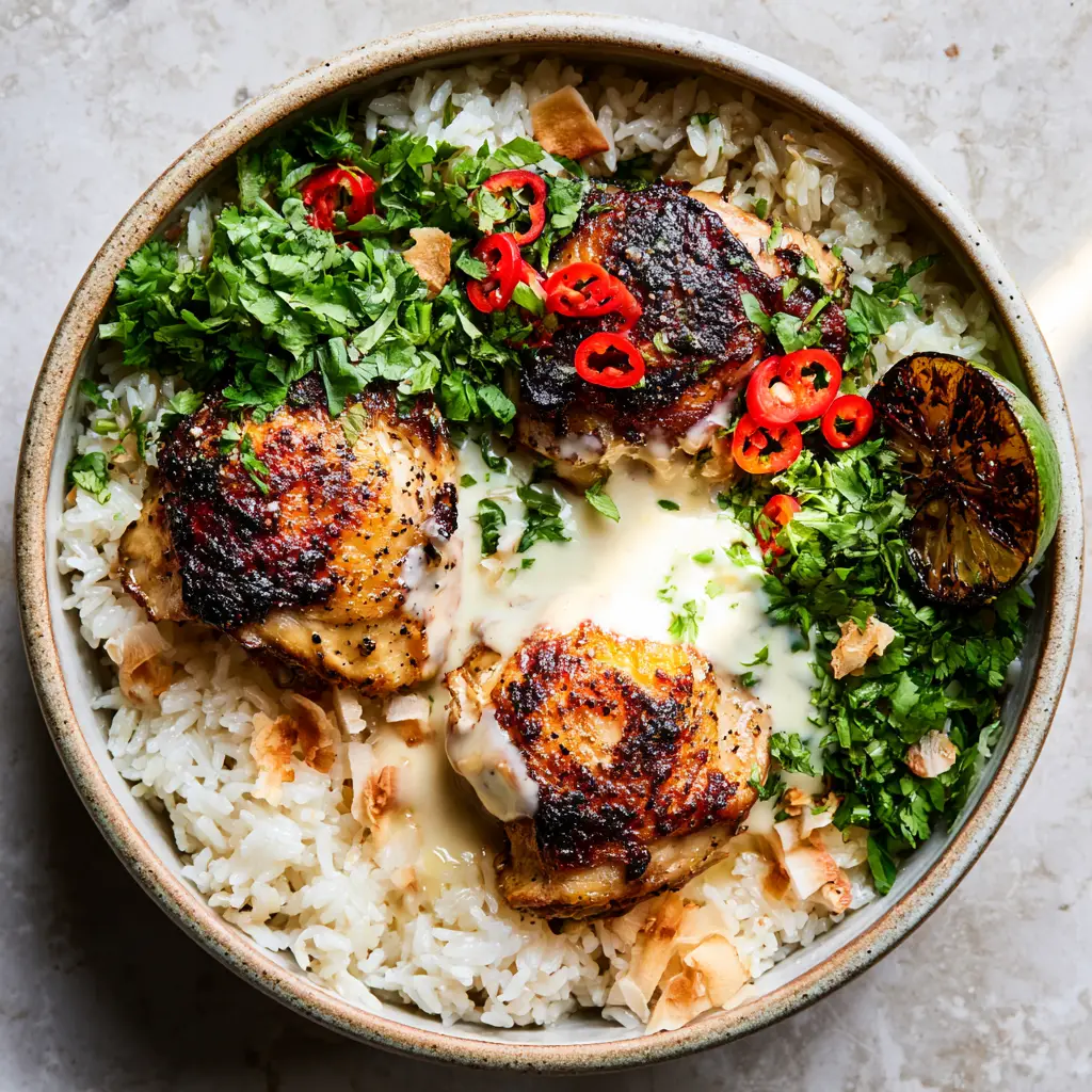 Coconut Chicken with Crispy Thighs and Creamy Coconut Lime Sauce 2 Top-down view of Coconut Chicken in a rustic bowl with charred lime and cilantro. (Coconut Chicken)