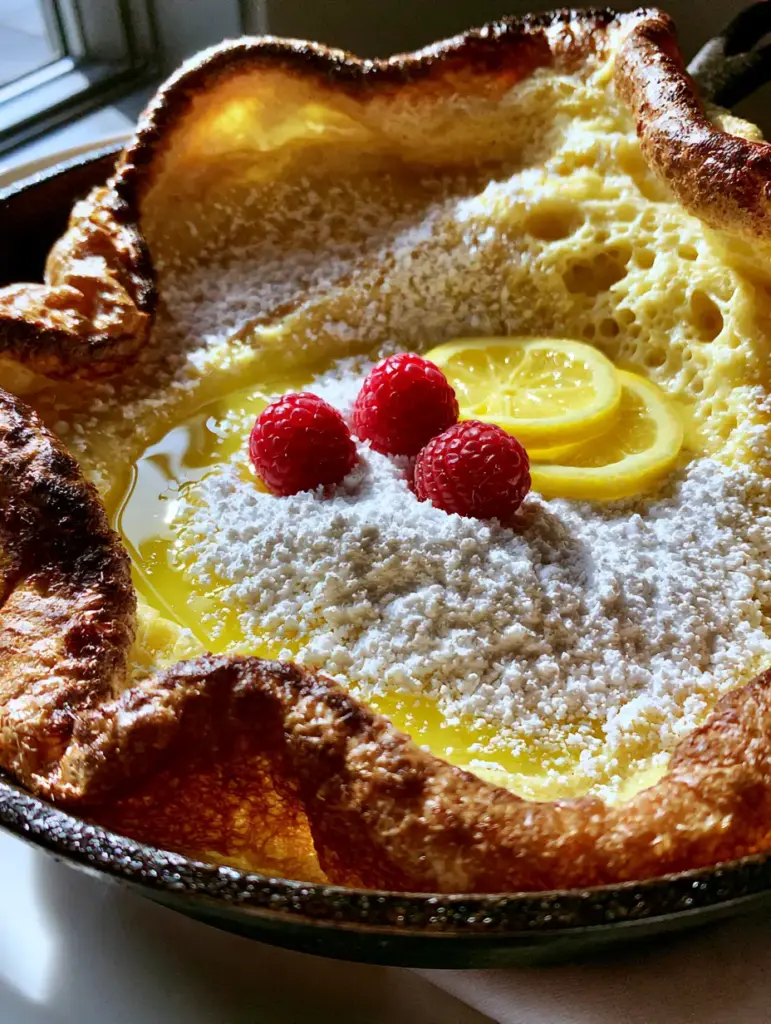 German Pancake Recipe: The Ultimate Guide to a Towering, Crispy Dutch Baby 1 A recessed center of a German pancake filled with melted butter, lemon slices, and raspberries.