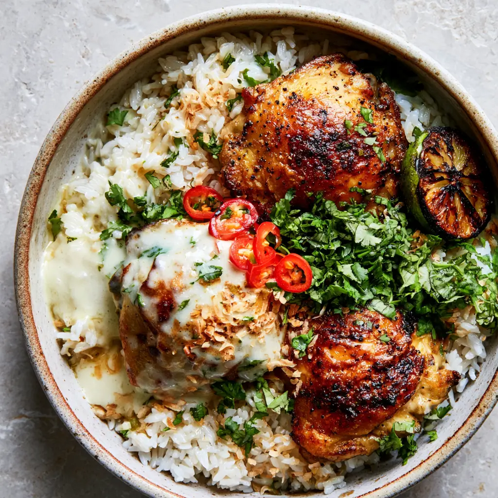 Coconut Chicken with Crispy Thighs and Creamy Coconut Lime Sauce 1 Close-up of ivory coconut sauce drizzled over seared chicken and rice.