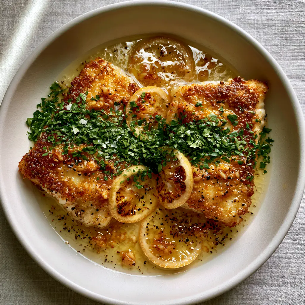 Two thick fillets of fish in a matte white pan, showcasing the pan fried fish recipe's lemon wheels and garlic-infused sauce.