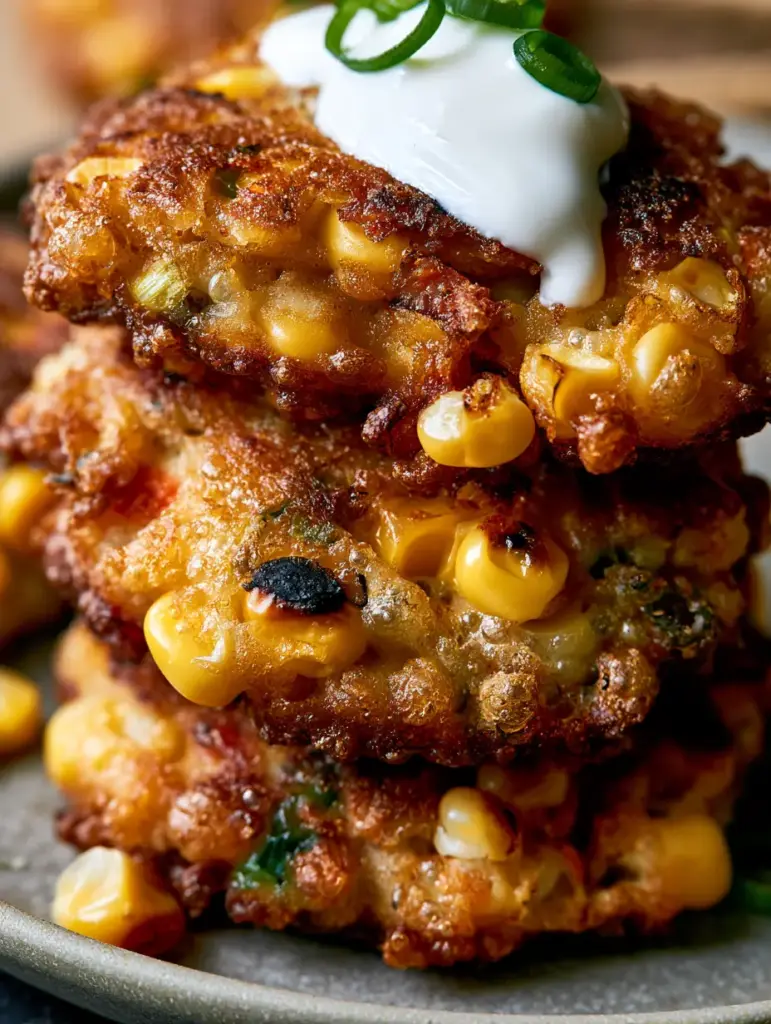 Corn Fritters with Shatter-Crisp Batter and Charred Sweet Corn 1 Eye-level stack of three Corn Fritters on a grey plate with a dripping dollop of white creme fraiche.