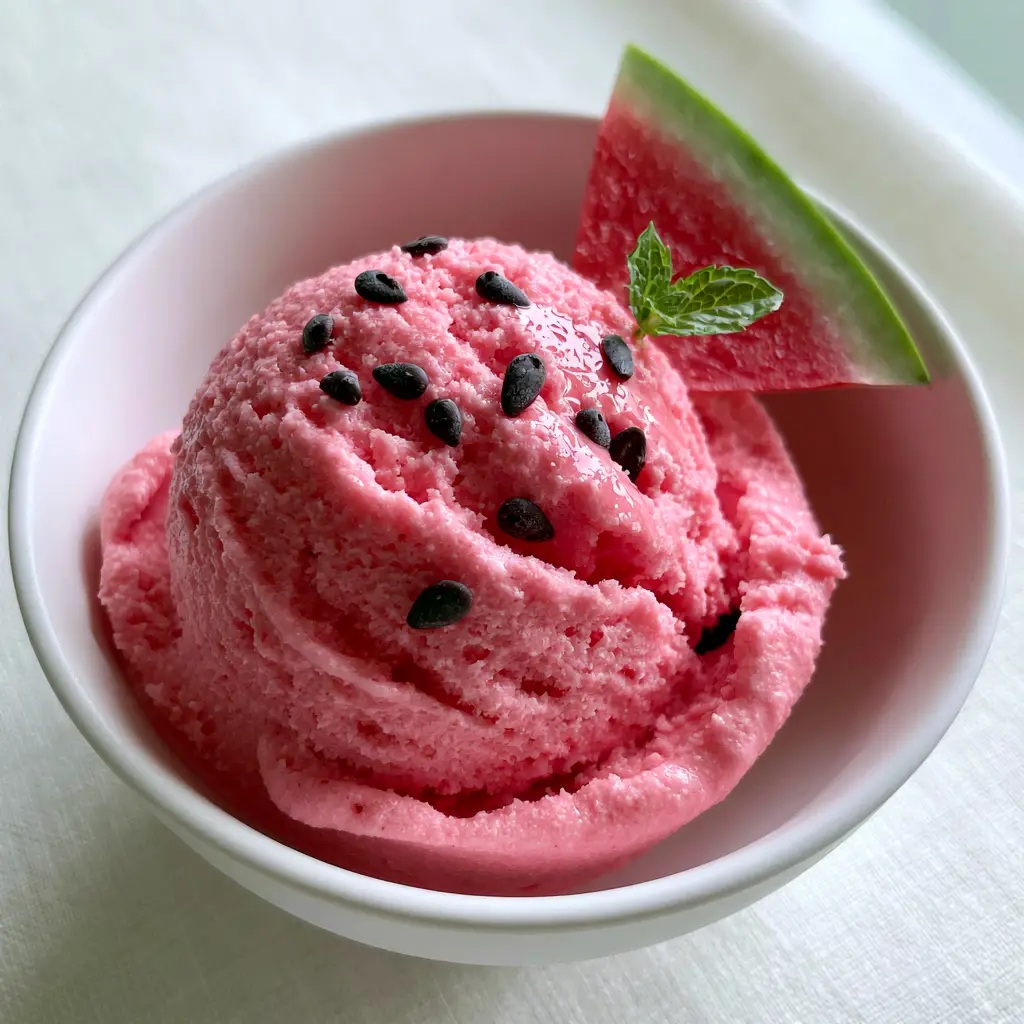 Watermelon Ice Cream: The Ultimate Ultra-Creamy Summer Treat 2 Smartphone photo of vibrant pink watermelon ice cream showing a velvety texture and soft ridges in a chilled bowl.