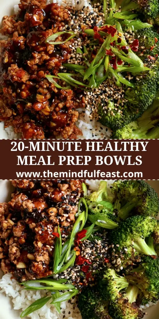 Ground Turkey and Broccoli Bowls with a Glistening Umami Glaze 4 Overhead view of ground turkey and broccoli bowls with glistening mahogany glaze and sesame seeds on jasmine rice.