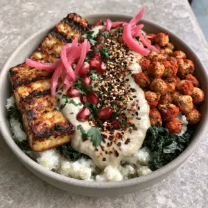 Close-up of seared halloumi with dark char marks on top of fluffy white quinoa and wilted kale. (high-protein vegetarian meals)