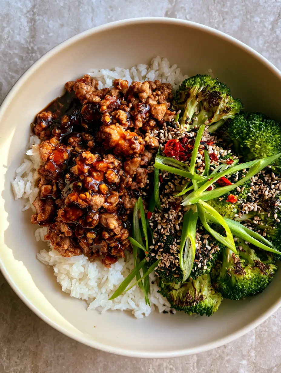 Ground Turkey and Broccoli Bowls with a Glistening Umami Glaze 3 Close up of ground turkey and broccoli bowls showing the thick dark glaze and charred emerald broccoli florets.