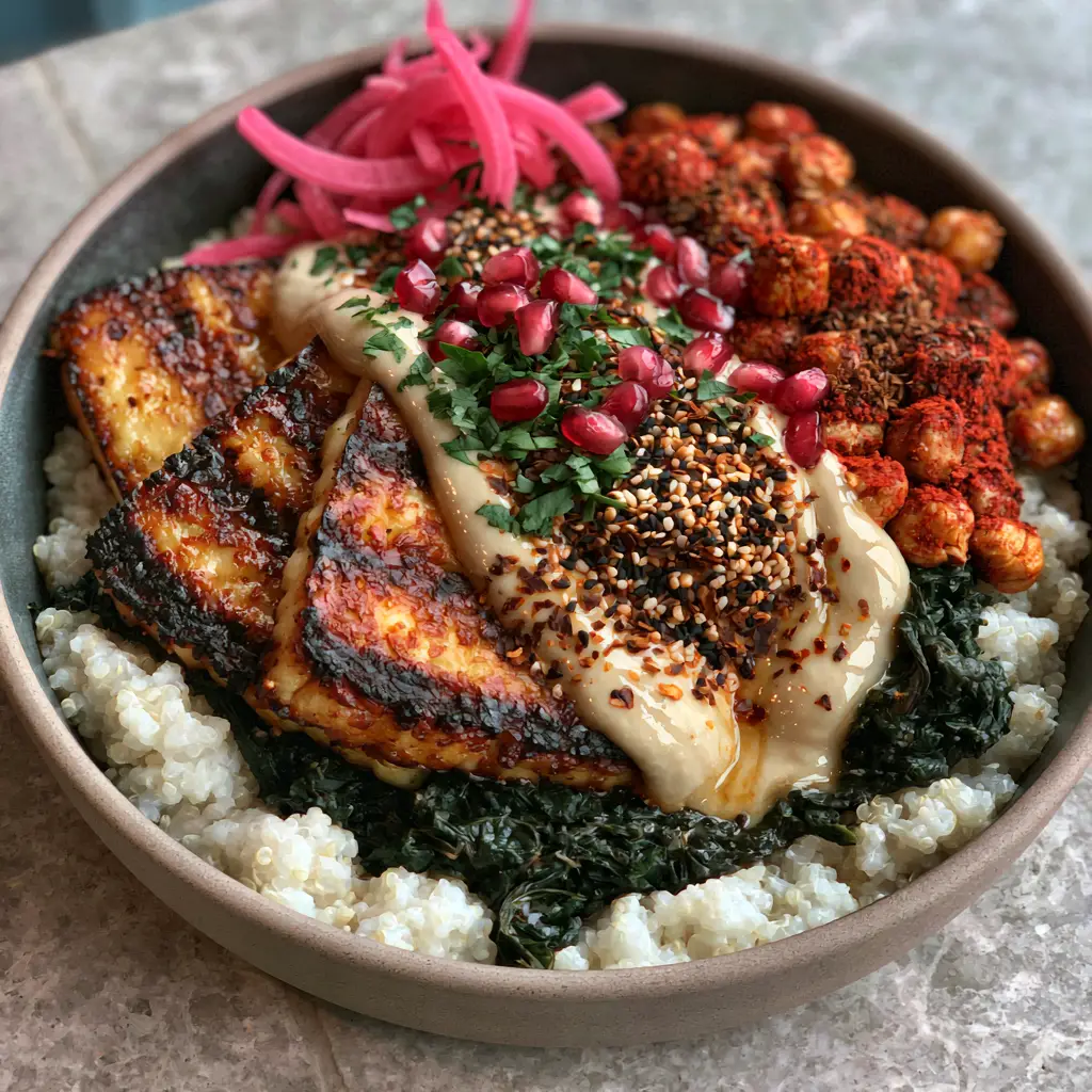 Modern ceramic bowl filled with roasted paprika chickpeas, pomegranate arils, and lemon-tahini dressing.