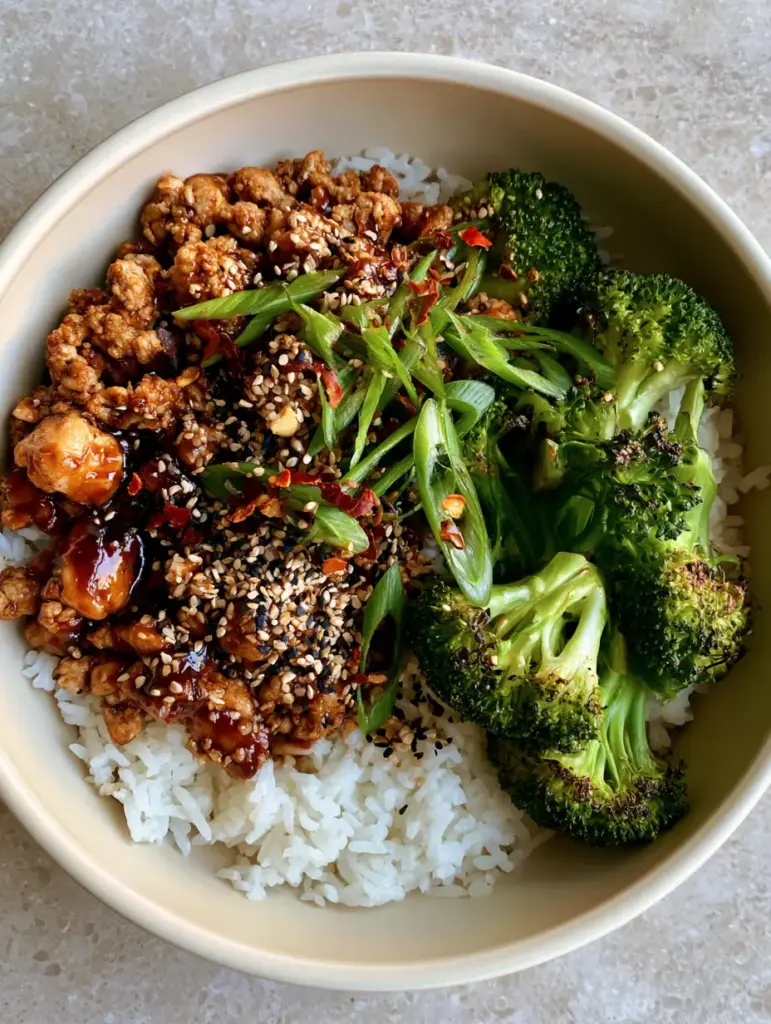 Ground Turkey and Broccoli Bowls with a Glistening Umami Glaze 1 Meal prep container featuring ground turkey and broccoli bowls with fluffy jasmine rice and bias-cut scallions.