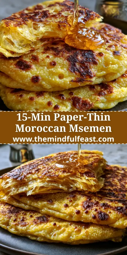 A stack of three Moroccan Msemen flatbreads drizzled with glistening amber honey on a dark ceramic plate. (Moroccan Msemen recipe)