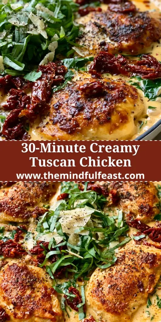 Creamy Tuscan Chicken with Sun-Dried Tomatoes and Baby Spinach 4 A shallow cream-colored cast iron skillet filled with golden-brown Creamy Tuscan Chicken, wilted spinach, and sun-dried tomatoes.
