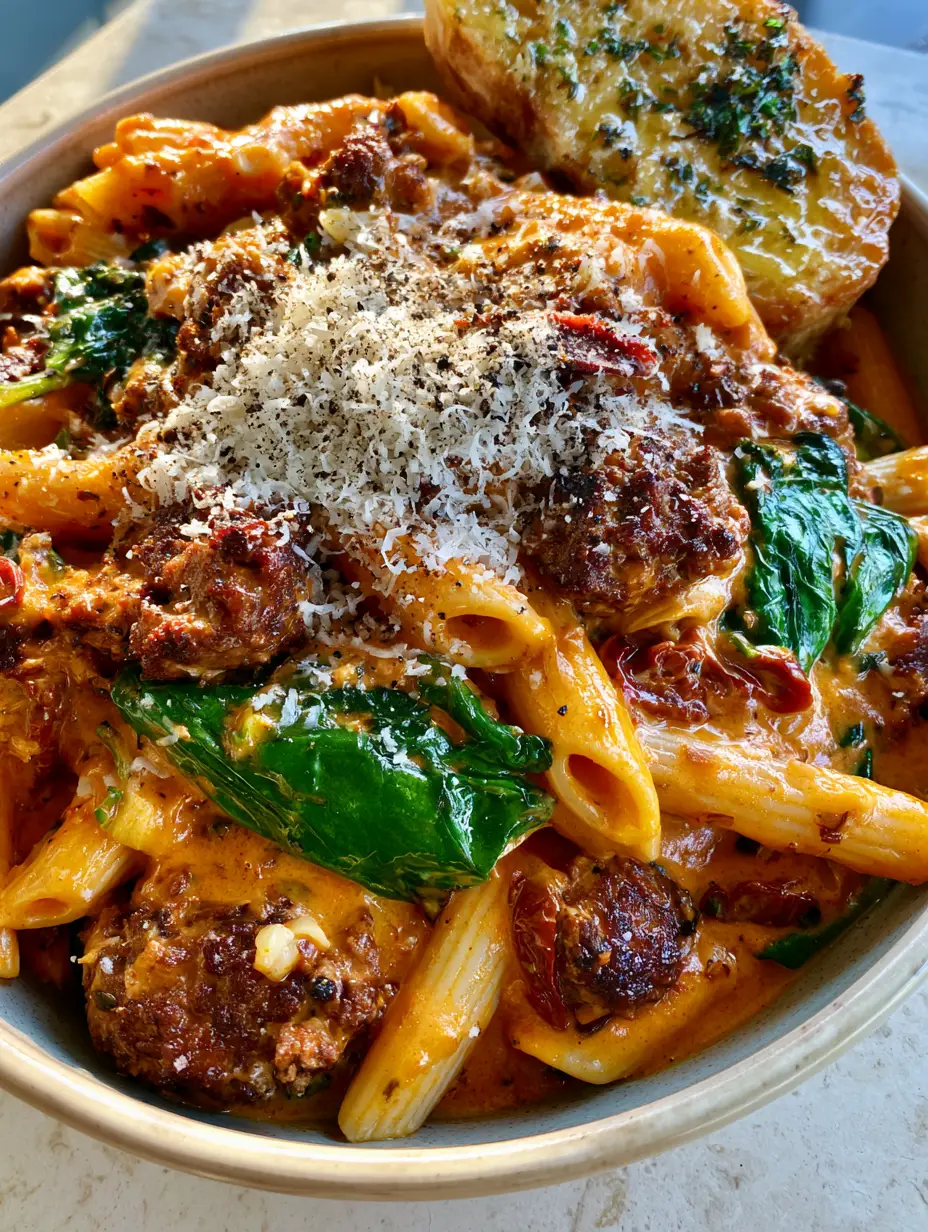 Tuscan Ground Beef Pasta with Velvety Sun-Dried Tomato Cream Sauce 3 Close-up of penne pasta drenched in orange-red sun-dried tomato cream sauce with seared beef crumbles. (Tuscan ground beef pasta)