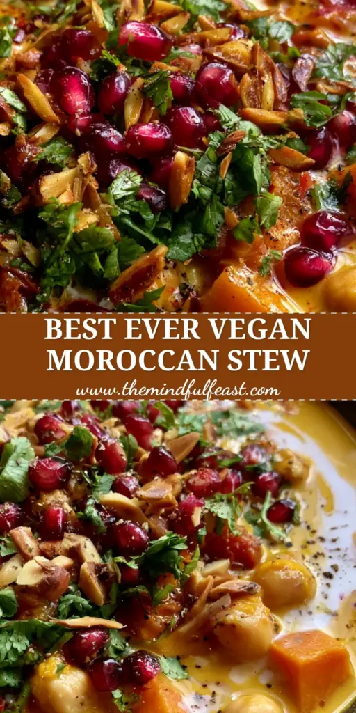 A top-down view of a vegan moroccan stew in a black bowl with pomegranate seeds and coconut milk swirls.